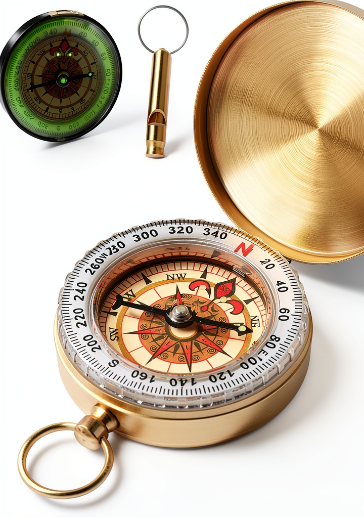 Flintronic gold pocket compass attached to a backpack on a hiking trail